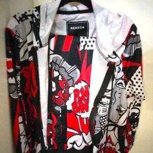 Black, red, and white reasons jacket and pants